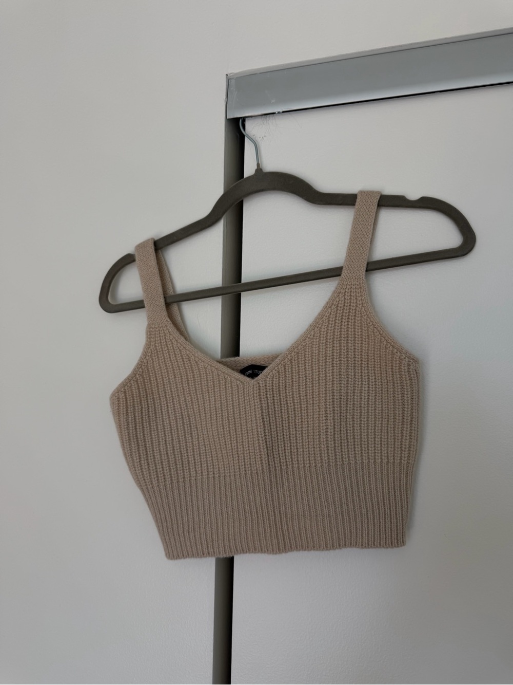 Ribbed V-Neck Crop Tank Top in Beige | Wool & Cashmere